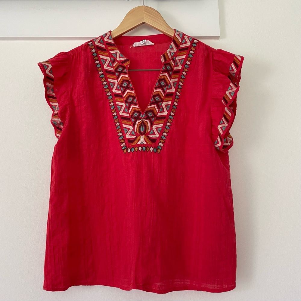 THML Red Orange Ruffled Sleeve Embroidered Chest Neckline Size Medium